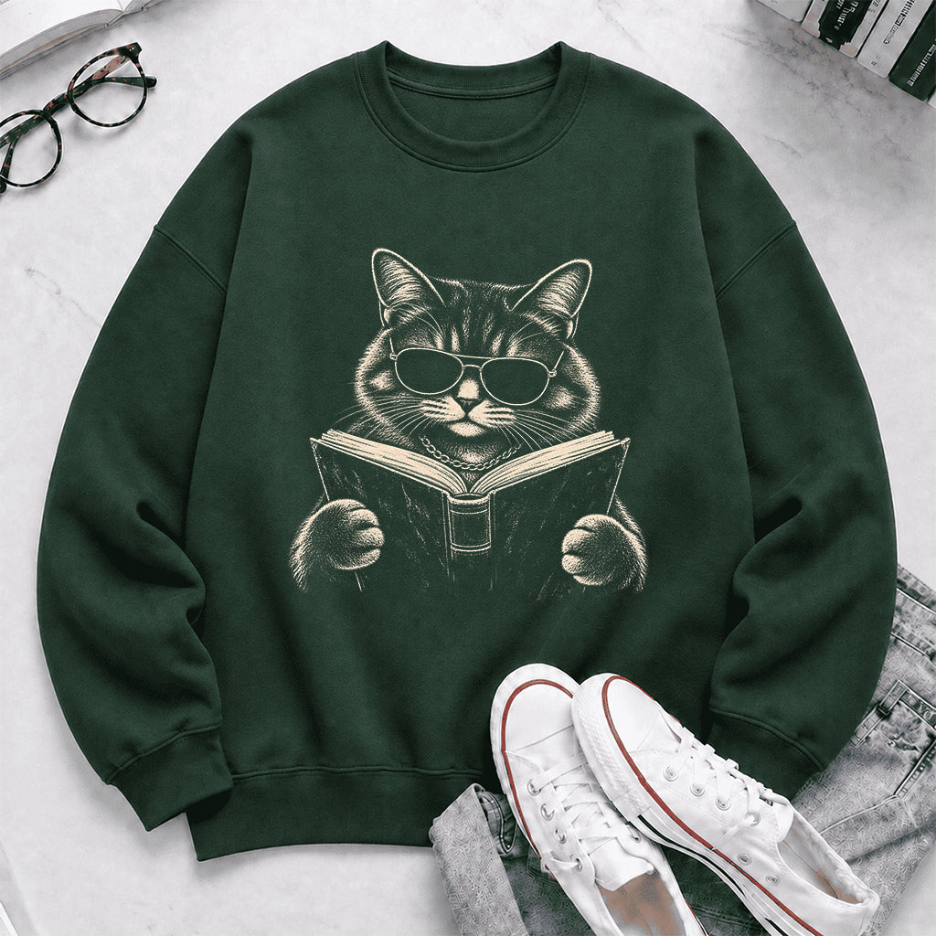 Cat Reading Book Crewneck Sweatshirt | Reader Gift Forest Green