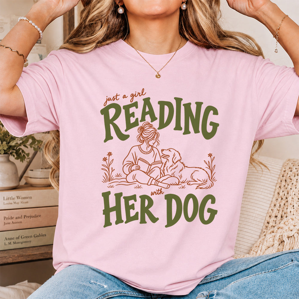 Just A Girl Reading With Her Dog Softstyle T-Shirt | Book Lover Gift Light Pink