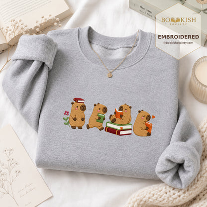 Reading Capybaras Embroidered Sweatshirt | Reader Gift Sport Grey