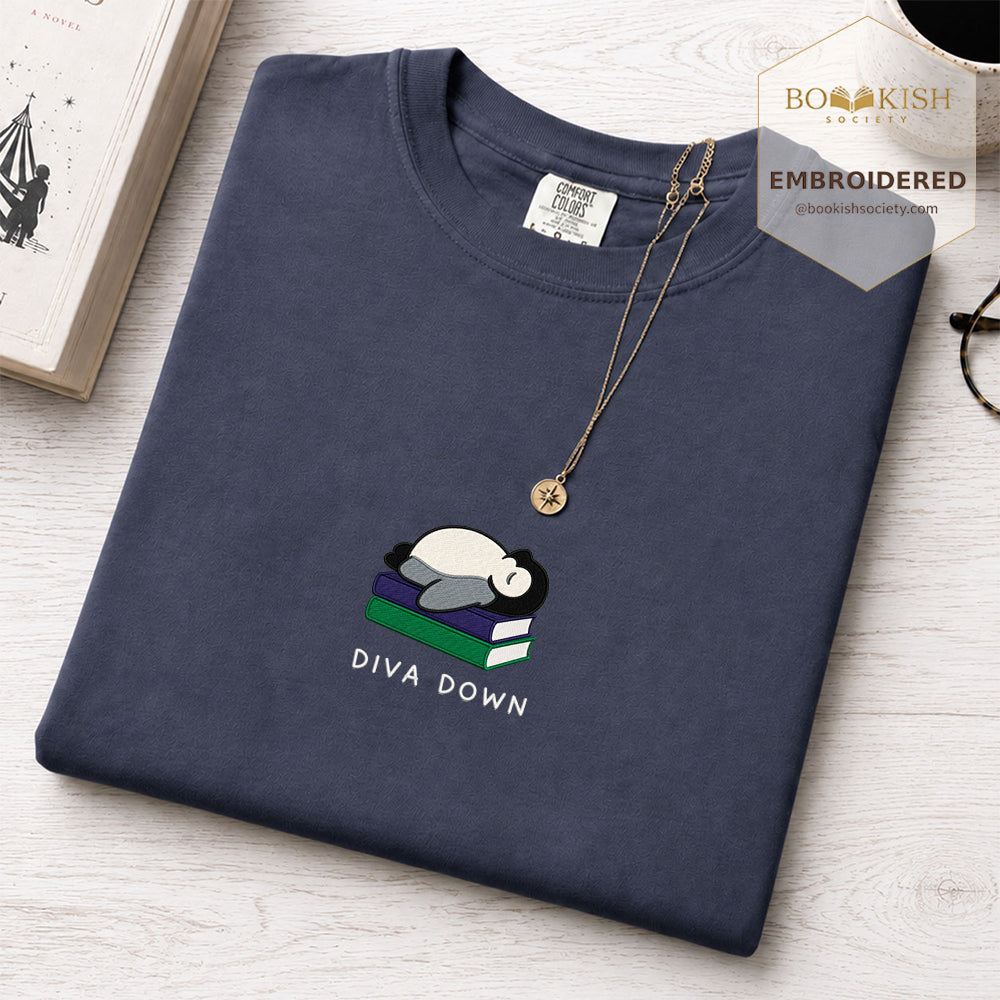 Embroidered Diva Down Penguin Comfort Color® T-shirt Book Lover Gift Navy