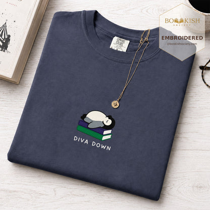 Embroidered Diva Down Penguin Comfort Color® T-shirt Book Lover Gift Navy