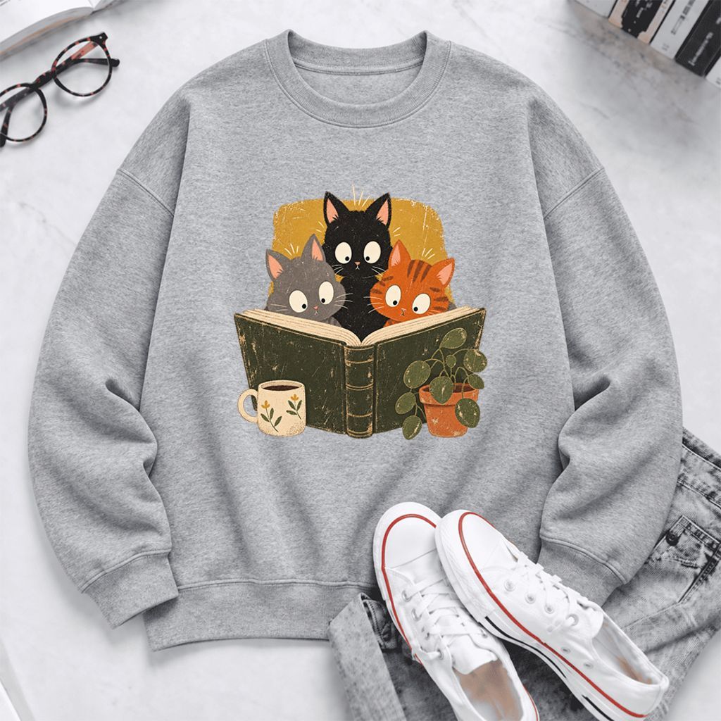 Curious Reading Cats Softstyle Sweatshirt | Cozy Book Lover Gift Sport Grey