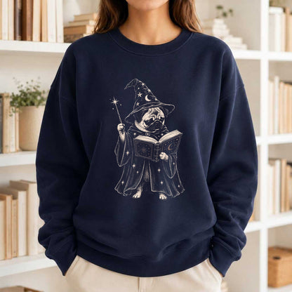 Cute Pug Witch Reading Book Printed Sweatshirt | Halloween Book Lover Gift Navy