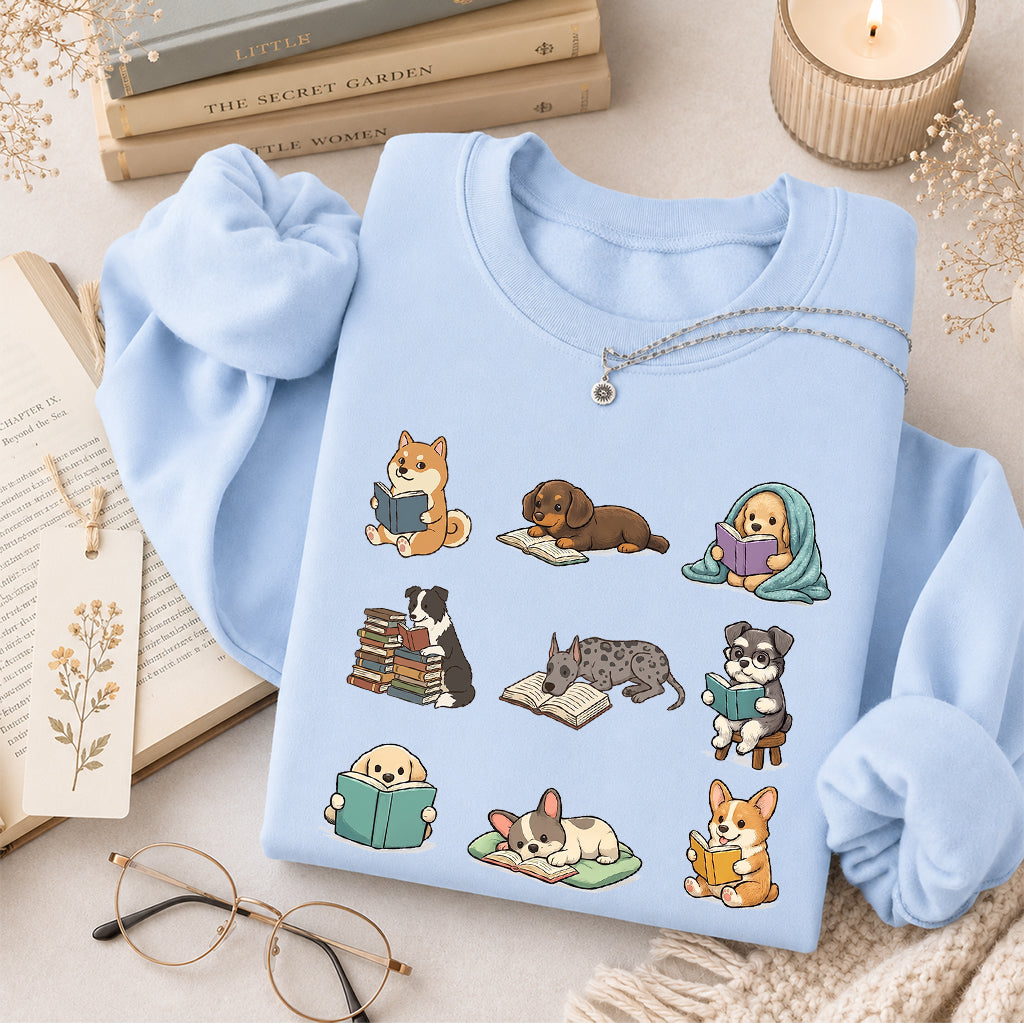 Funny Dogs Reading Crewneck Sweatshirt | Reader Gift Light Blue