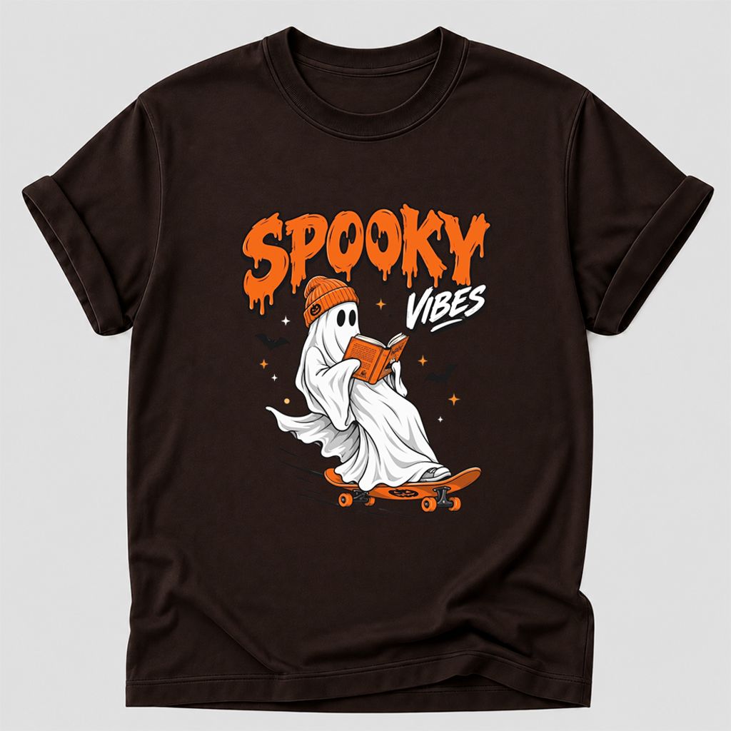 Spooky Vibes Printed T-Shirt | Halloween Book Lover Gift Dark Chocolate