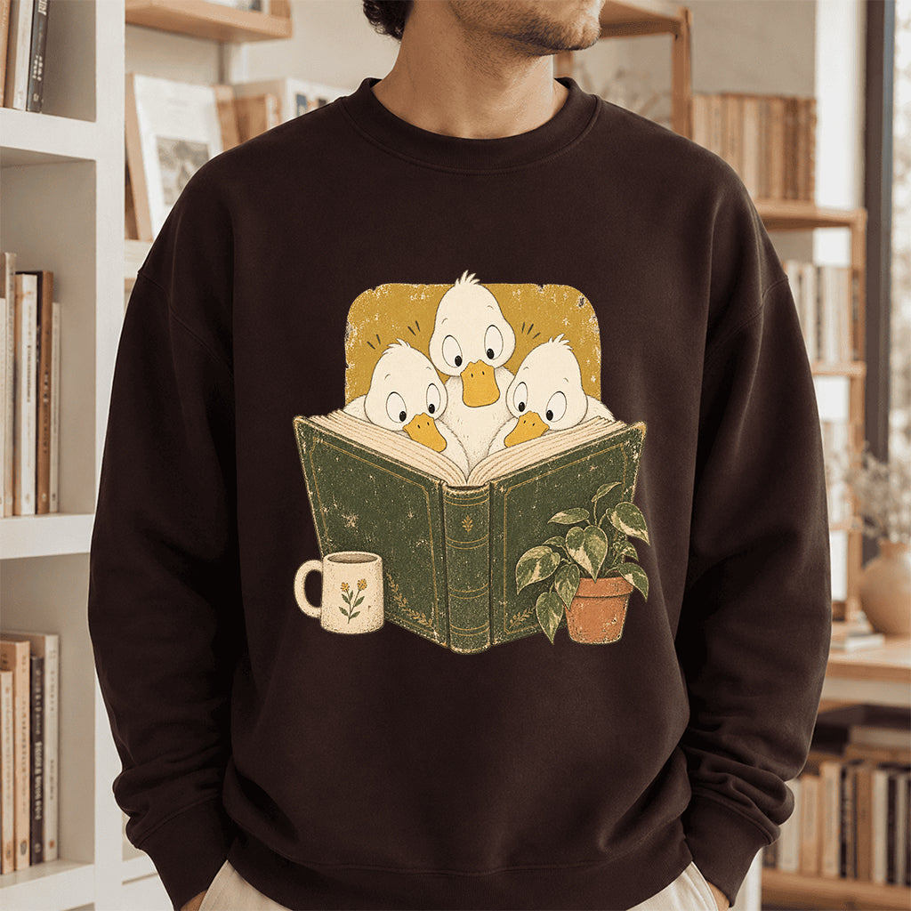 Minimal Japanese Ducks Reading Crewneck Sweatshirt | Reader Gift Dark Chocolate