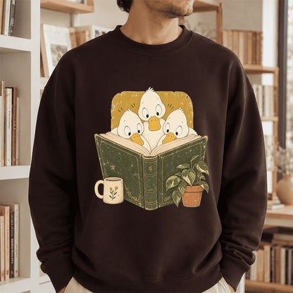Minimal Japanese Ducks Reading Crewneck Sweatshirt | Reader Gift Dark Chocolate