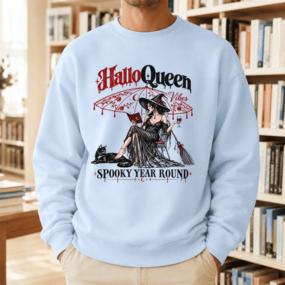 Halloqueen Spooky Year Round Printed Sweatshirt | Spooky Book Lover Gift Light Blue