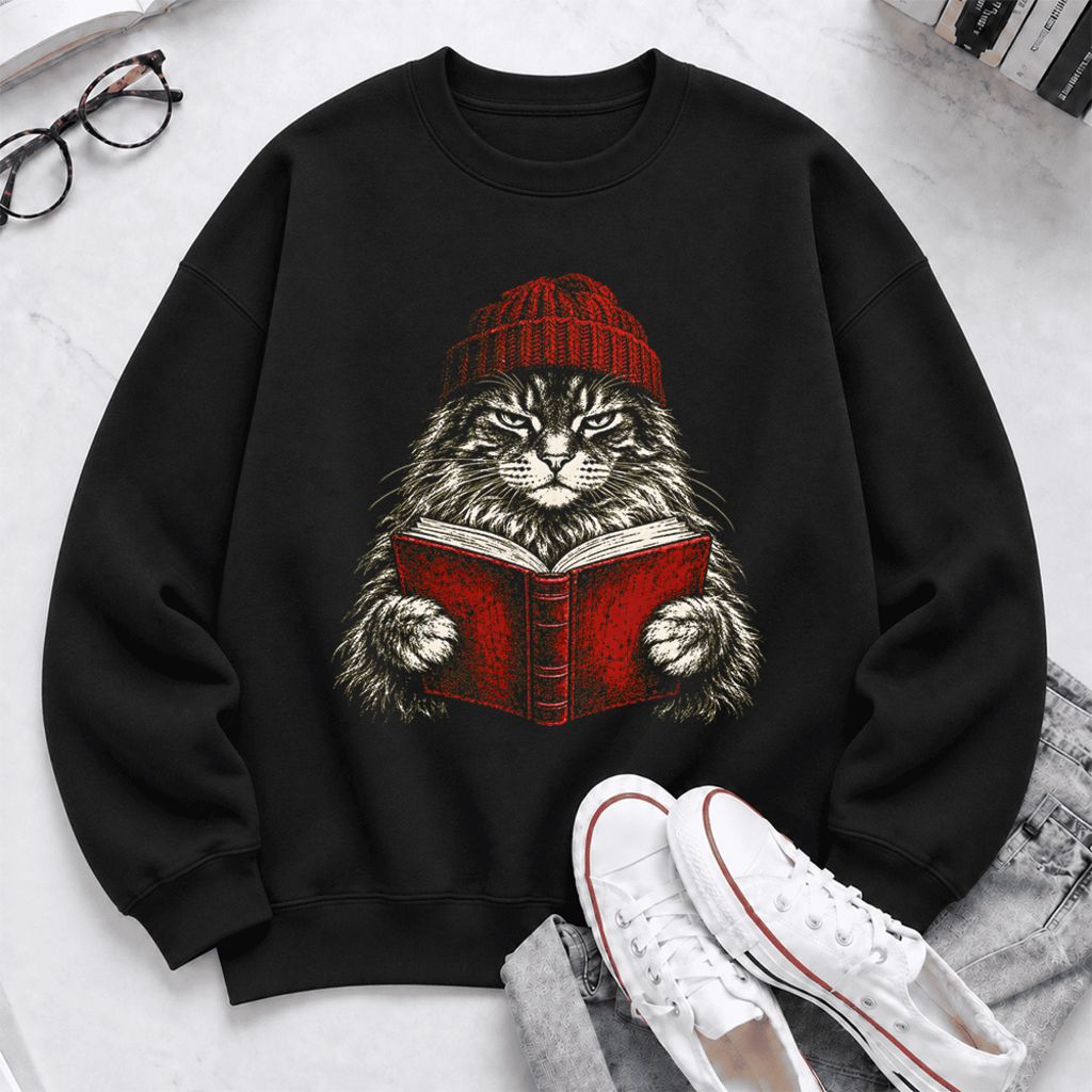 Vintage Reading Cat Maine Coon Softstyle Sweatshirt | Christmas Book Lover Gift Black