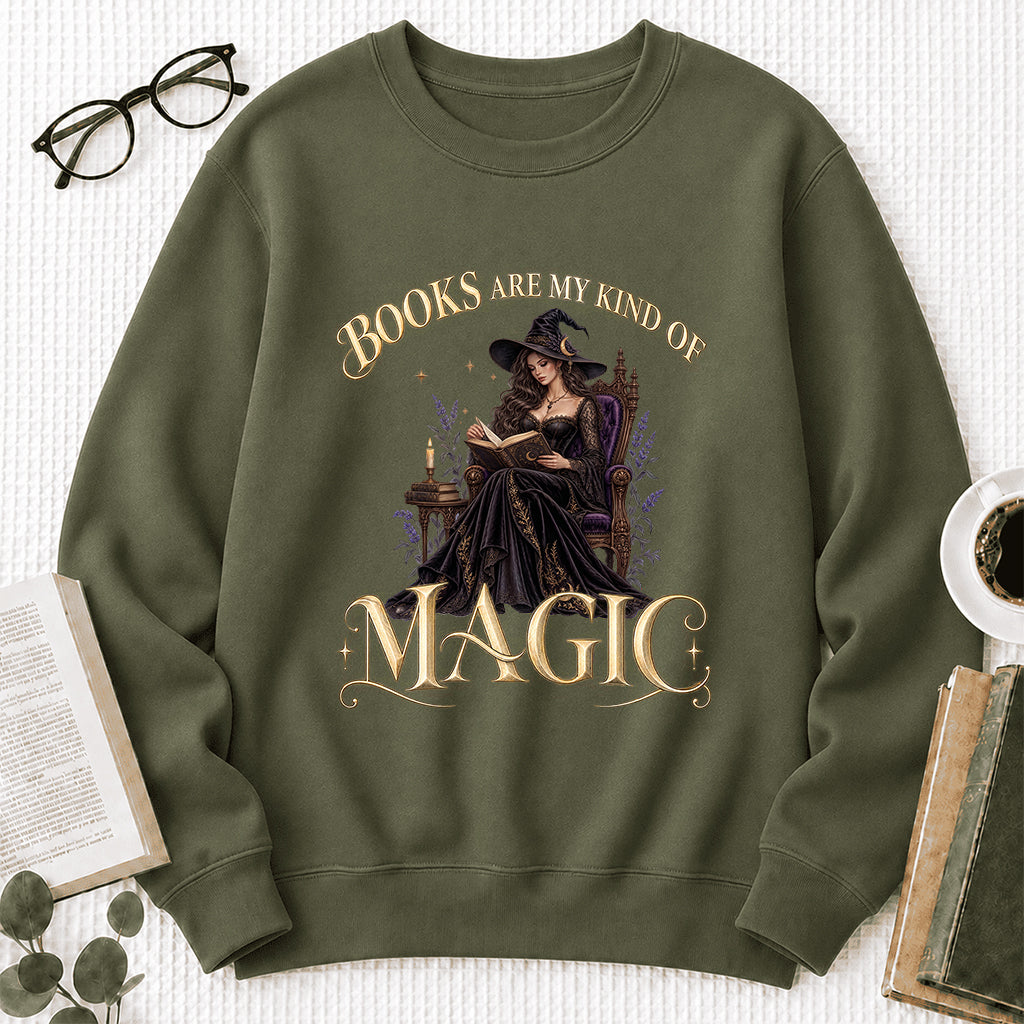 Books Are My Kind Of Magic Crewneck Sweatshirt | Halloween Literary Fantasy Book Lover Gift Military Green