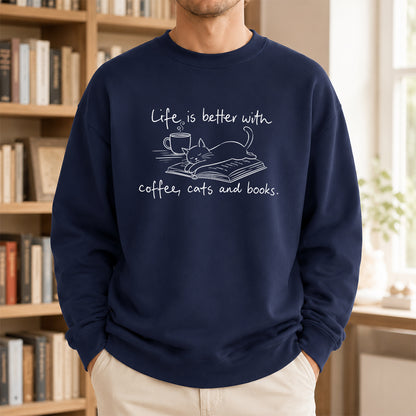 Funny Cats and Books Crewneck Sweatshirt | Reader Gift Navy