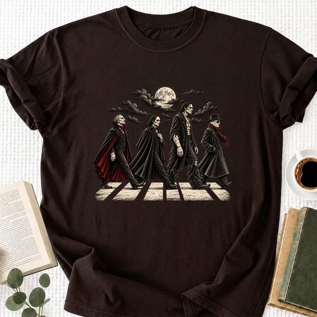 Monsters Road Printed T-Shirt | Halloween Book Lover Gift Dark Chocolate