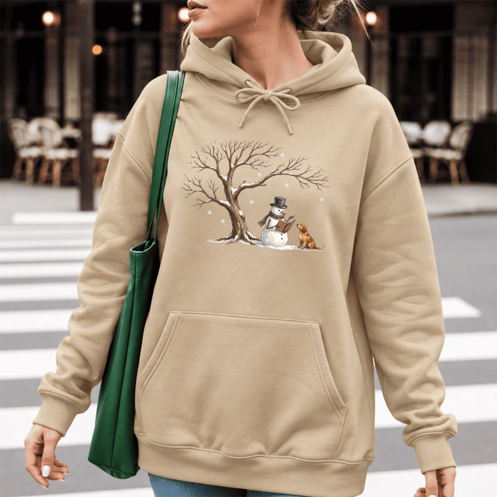 Golden Retriever And Snowman Under Tree Softstyle Hoodie | Christmas Reader Gift Sand