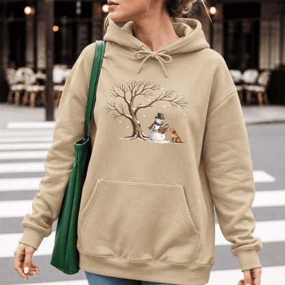 Golden Retriever And Snowman Under Tree Softstyle Hoodie | Christmas Reader Gift Sand