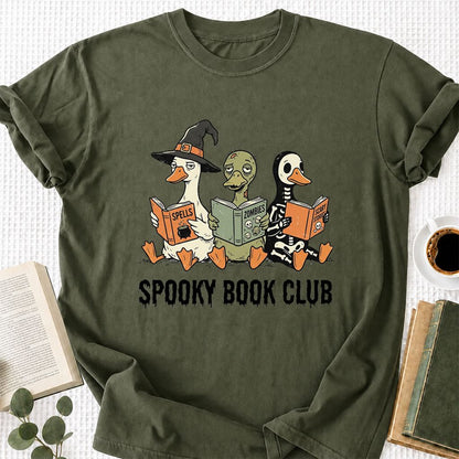 Spooky Book Club Printed T-Shirt | Halloween Book Lover Gift Military Green
