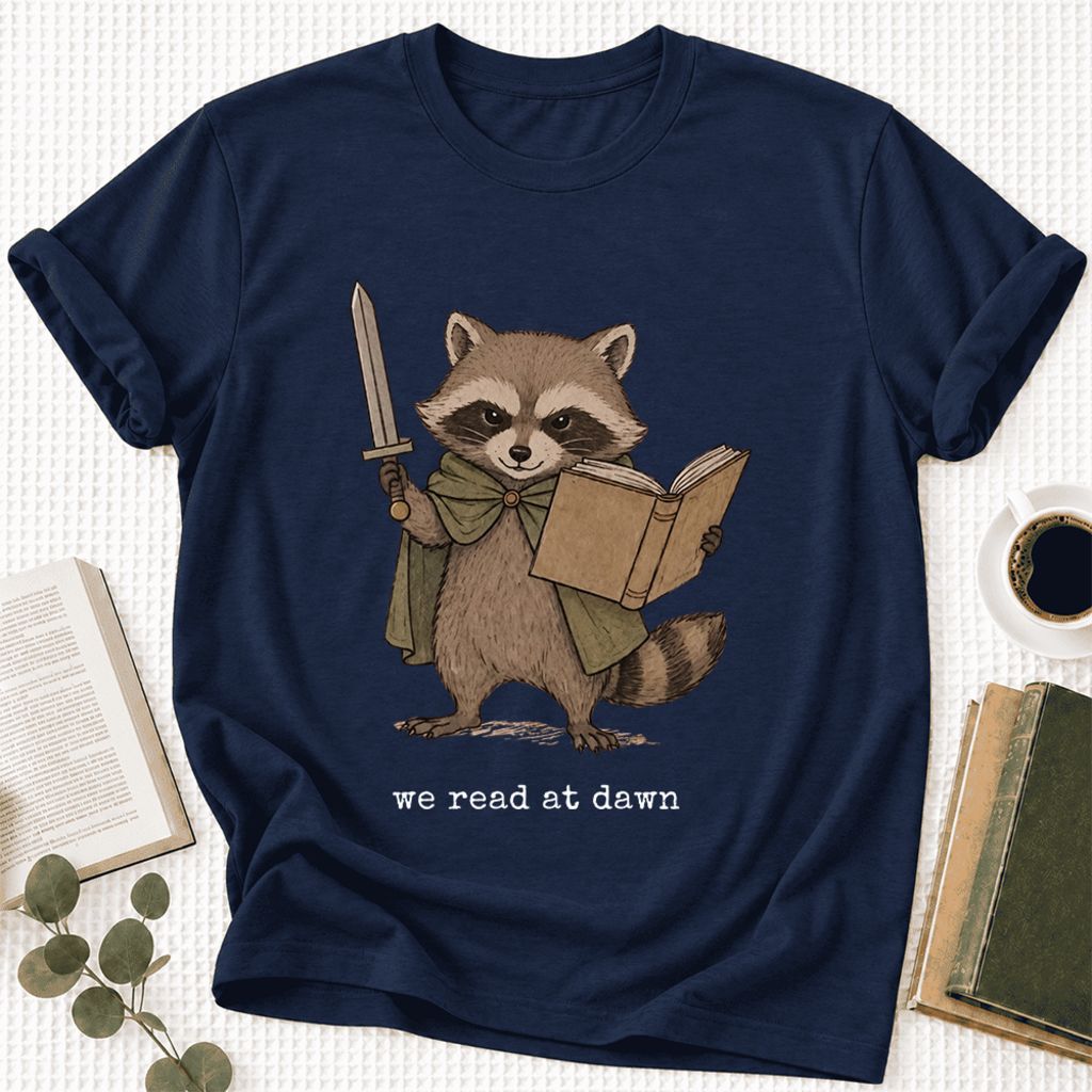 We Read At Dawn Funny Racoon Ultra-Soft Cotton T-Shirt | Playful Reader Gift Navy
