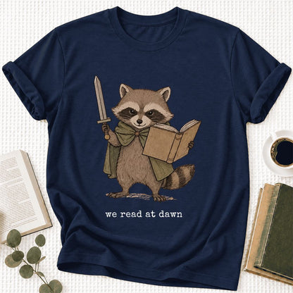We Read At Dawn Funny Racoon Ultra-Soft Cotton T-Shirt | Playful Reader Gift Navy