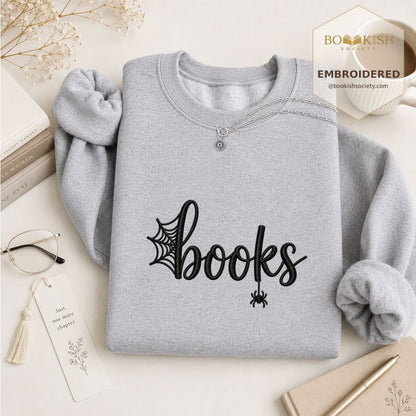 Halloween Books Embroidered Sweatshirt | Spooky Book Lover Gift Sport Grey