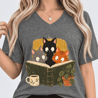 Curious Reading Cats Ultra-Soft V-Neck | Cat Lover Reader Gift Deep Heather