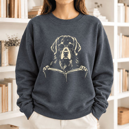 Golden Retriever Reading Book Softstyle Sweatshirt | Golden Retriever Gift Dark Heather