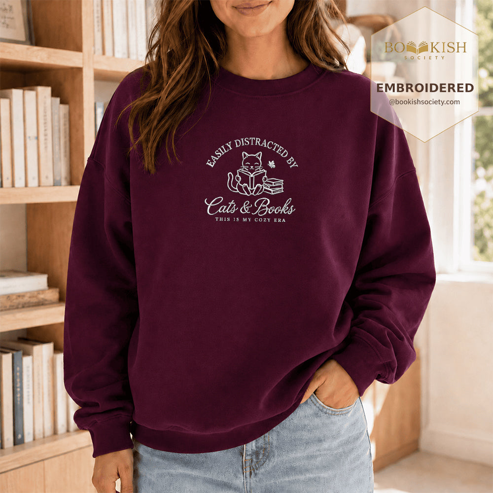 Easily Distracted By Cats And Books V2 Embroidered Sweatshirt | Reader Gift Maroon