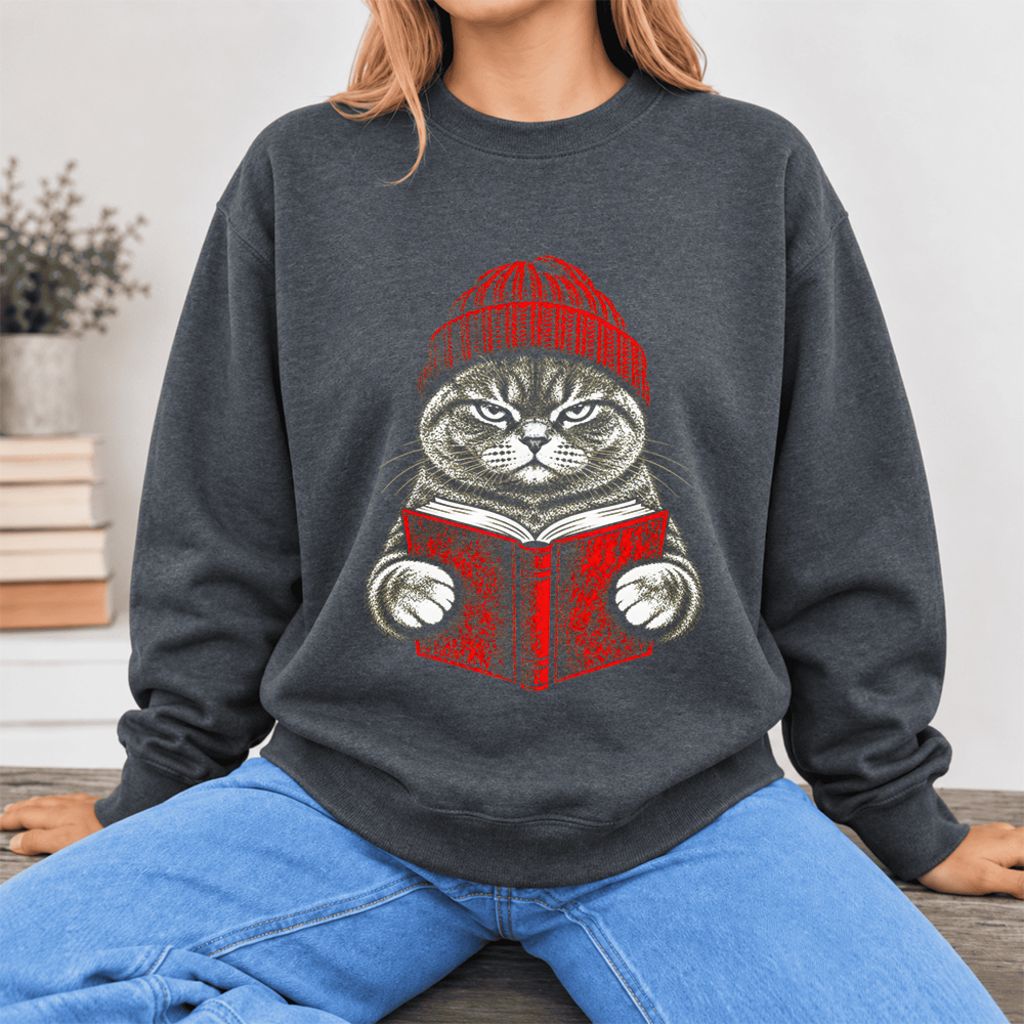 Vintage Reading Cat British Shorthair Softstyle Sweatshirt | Christmas Gift Dark Heather