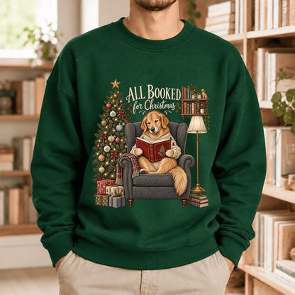 All Booked For Christmas Sweatshirt | Christmas Reader Gift Forest Green