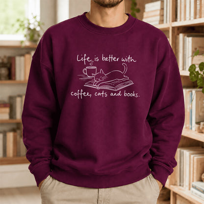 Funny Cats and Books Crewneck Sweatshirt | Reader Gift Maroon