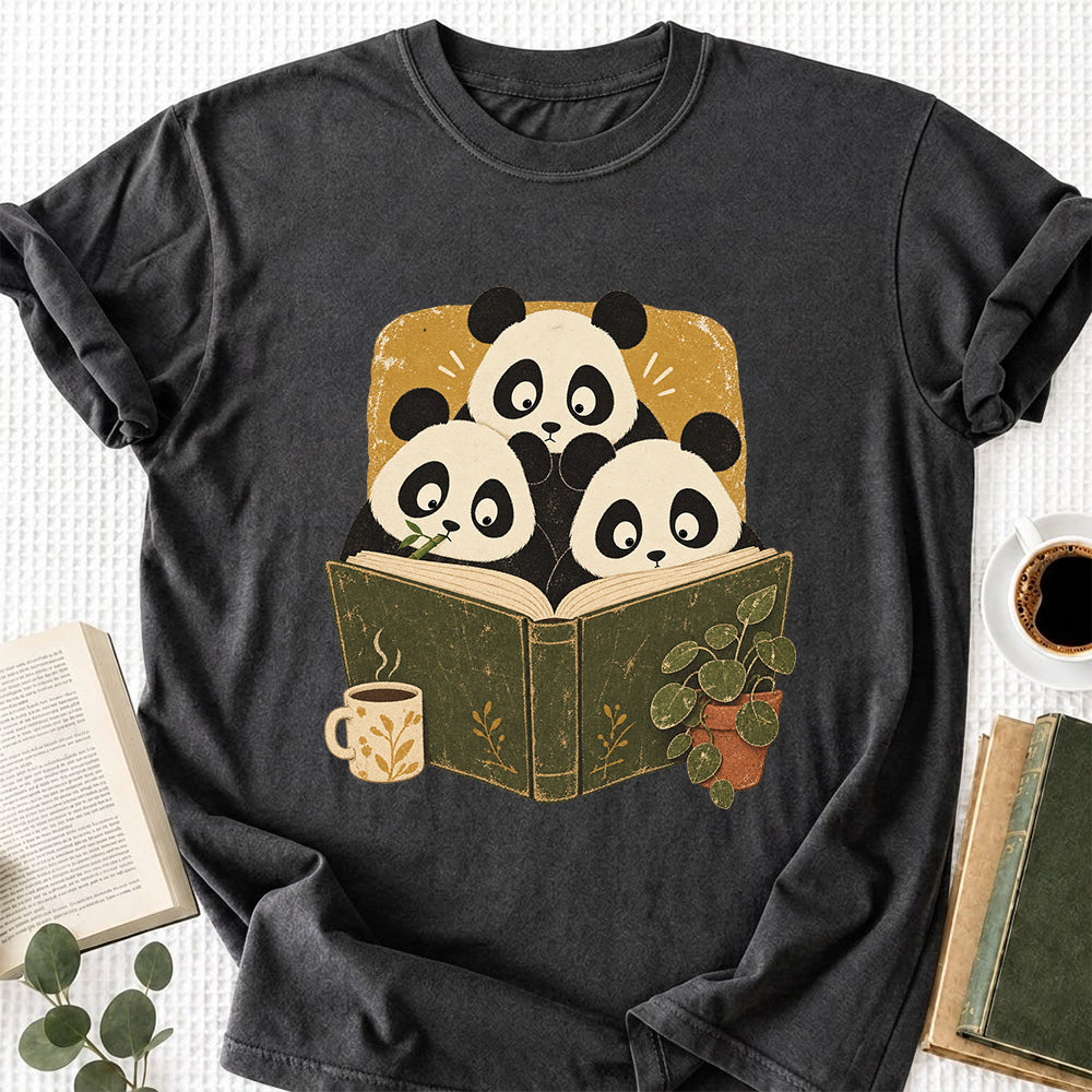 Minimal Japanese Pandas Reading Softstyle T-Shirt | Book Lover Gift Dark Heather