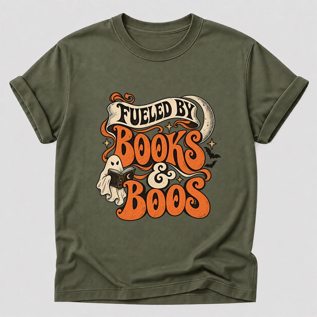 Fueled By Books & Boos Printed T-Shirt | Halloween Book Lover Gift Military Green