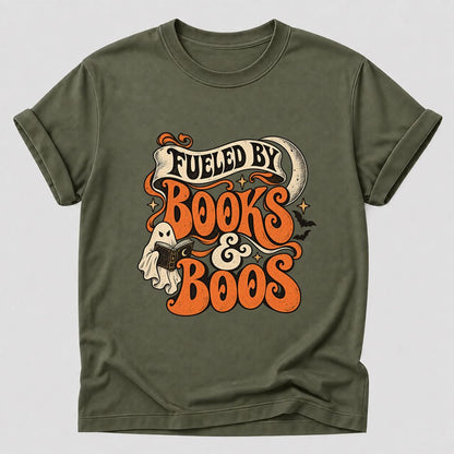 Fueled By Books & Boos Printed T-Shirt | Halloween Book Lover Gift Military Green