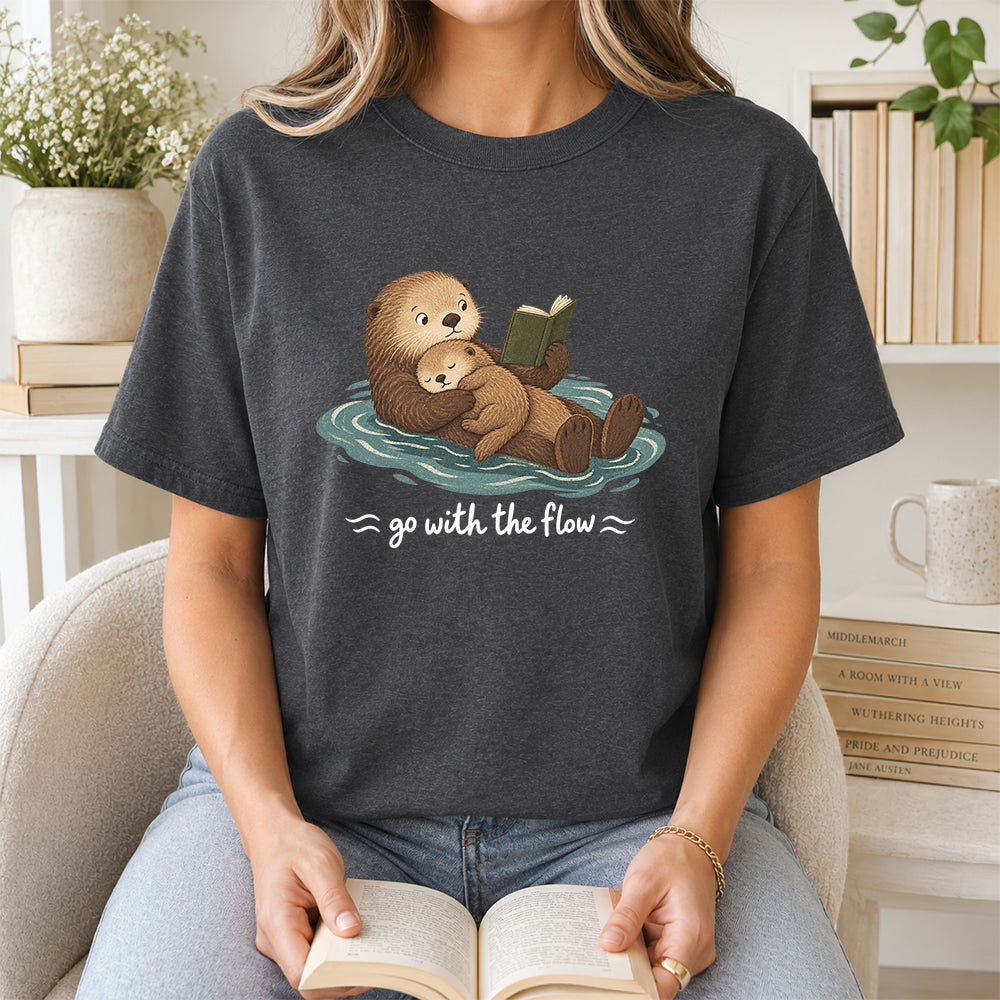 Go With The Flow Otter Reading Softstyle T-Shirt | Book Lover Gift Dark Heather