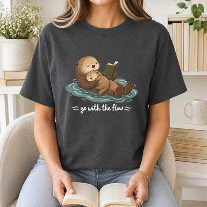 Go With The Flow Otter Reading Softstyle T-Shirt | Book Lover Gift Dark Heather
