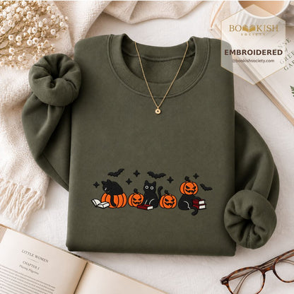 Black Cats And Halloween Embroidered Sweatshirt | Spooky Book Lover Gift Military Green
