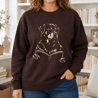 Rottweiler Reading Book Crewneck Sweatshirt | Reader Gift Dark Chocolate