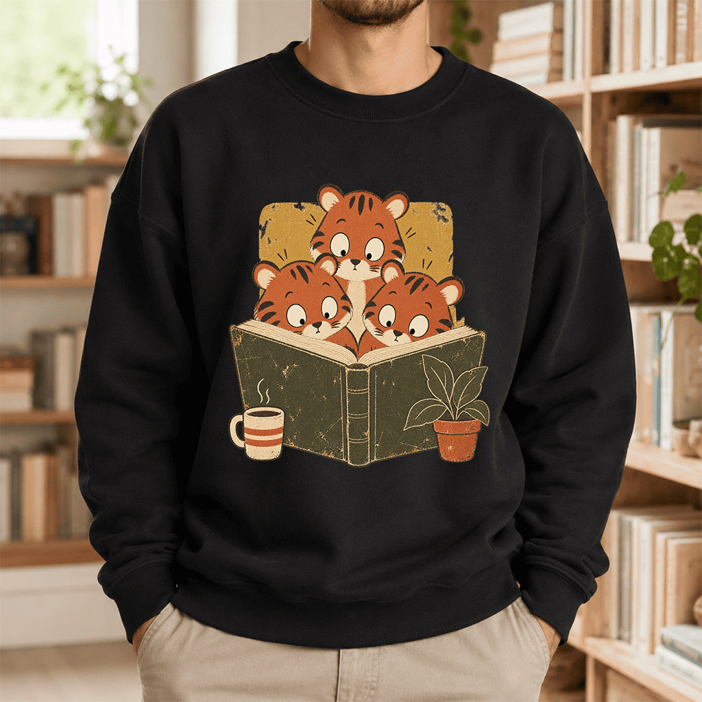 Minimal Japanese Tigers Reading Crewneck Sweatshirt | Reader Gift Black
