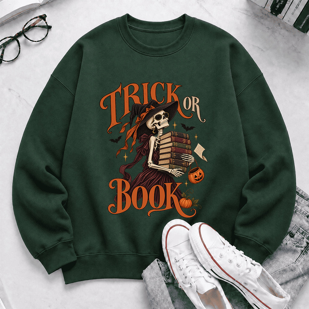 Trick Or Book Printed Sweatshirt | Halloween Book Lover Gift Forest Green