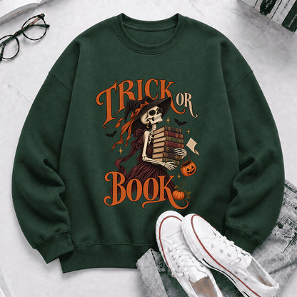 Trick Or Book Printed Sweatshirt | Halloween Book Lover Gift Forest Green