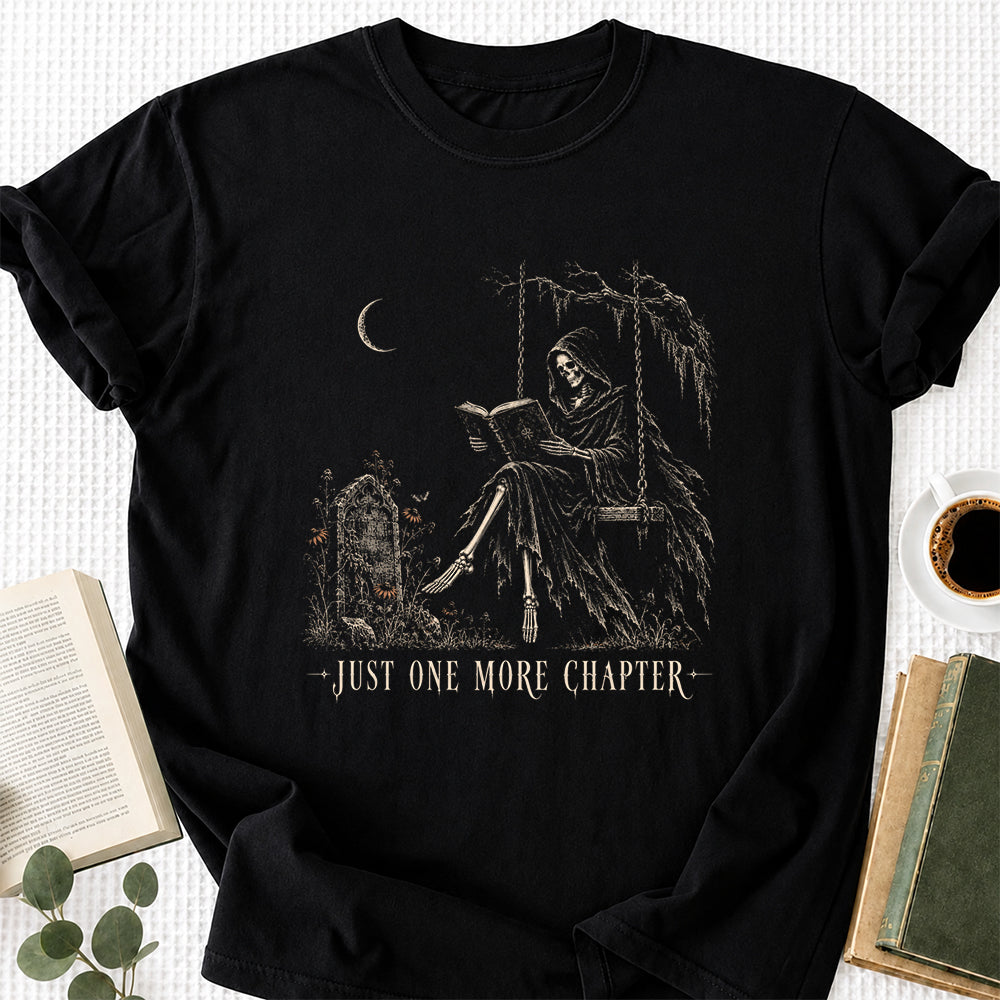 Just One More Chapter Grim Reaper Printed T-Shirt | Spooky Halloween Reader Gift Black