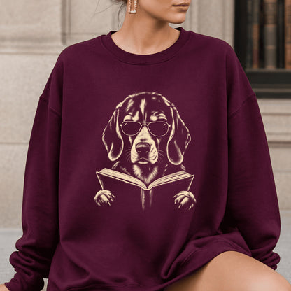 Beagle Reading Book Crewneck Sweatshirt | Reader Gift Maroon
