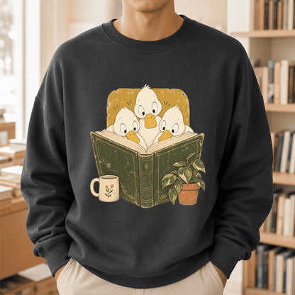 Minimal Japanese Ducks Reading Crewneck Sweatshirt | Reader Gift Dark Heather