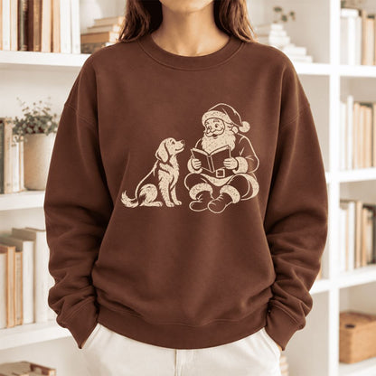 Funny Dog With Reading Santa Softstyle Sweatshirt | Christmas Book Lover Gift Cocoa