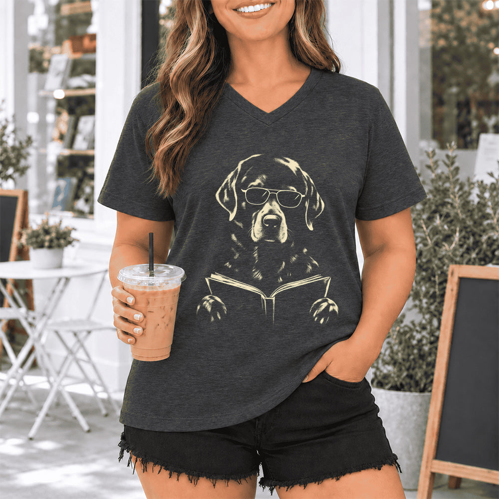 Labrador Retriever Reading Book Ultra-Soft V-Neck | Dog Mom Reader Gift Dark Grey Heather