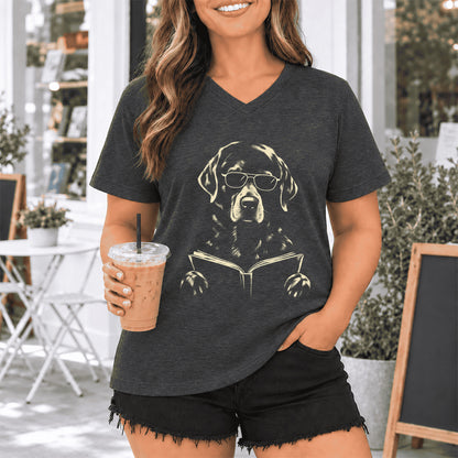 Labrador Retriever Reading Book Ultra-Soft V-Neck | Dog Mom Reader Gift Dark Grey Heather