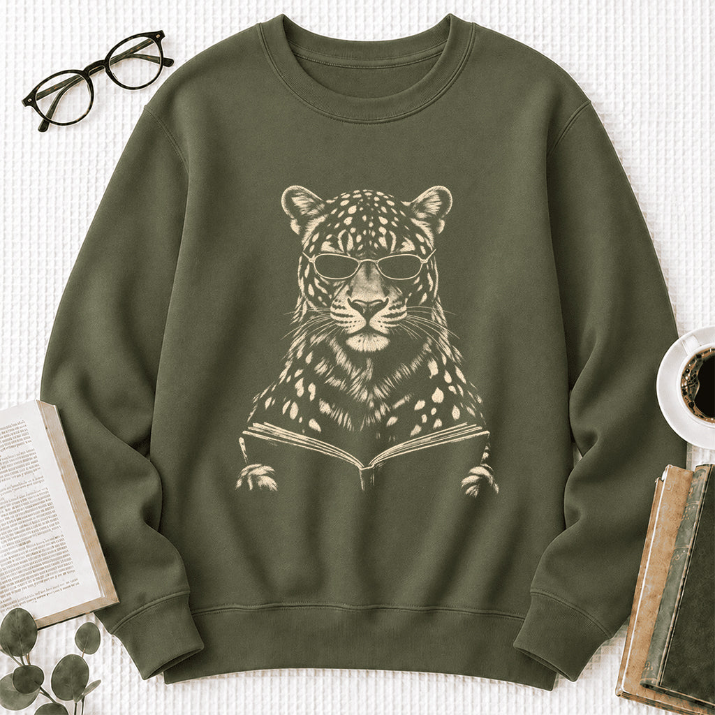 Leopard Reading Book Crewneck Sweatshirt | Reader Gift Military Green