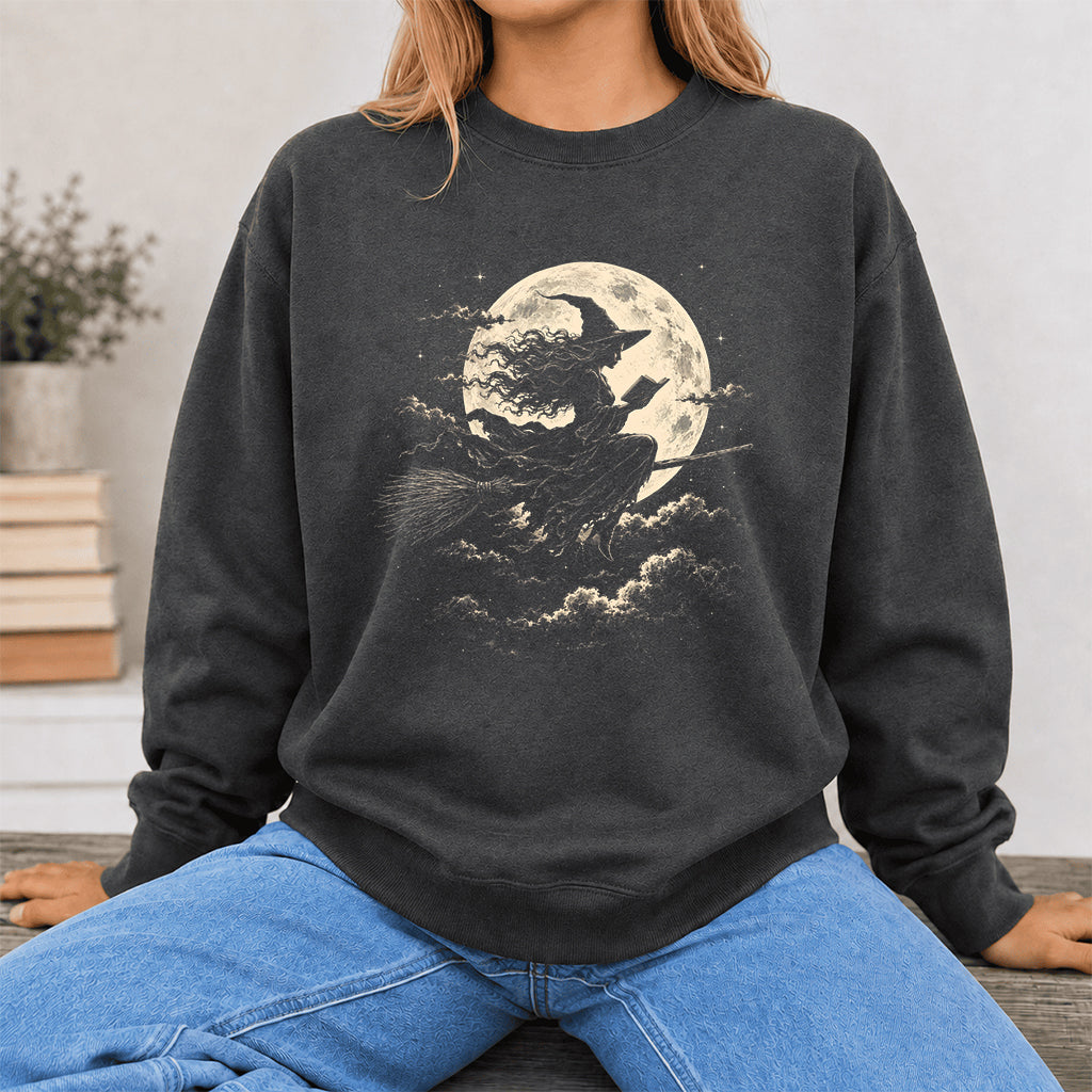 Reading Witch On The Flying Broom Printed Sweatshirt | Halloween Reader Gift Dark Heather