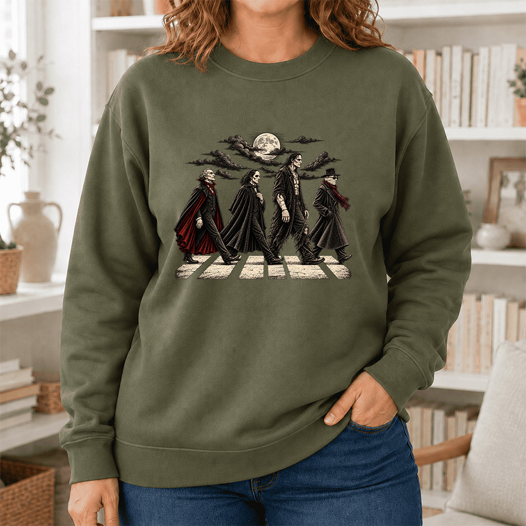 Monsters Road Printed Sweatshirt | Halloween Book Lover Gift Military Green