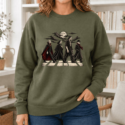Monsters Road Printed Sweatshirt | Halloween Book Lover Gift Military Green