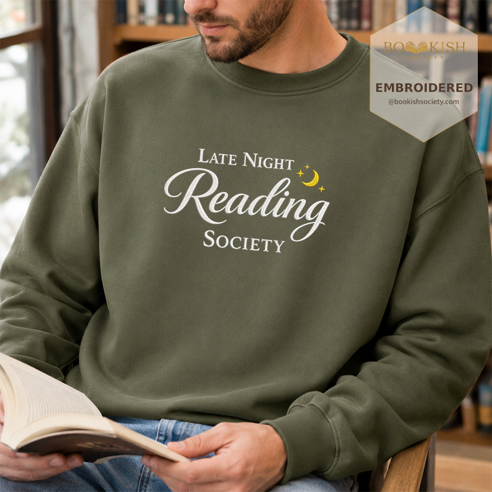 Late Night Reading Society Embroidered Sweatshirt | Reader Gift Military Green