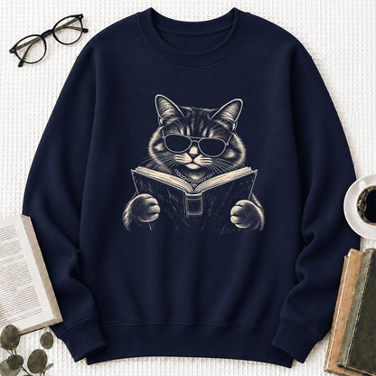 Cat Reading Book Crewneck Sweatshirt | Reader Gift Navy